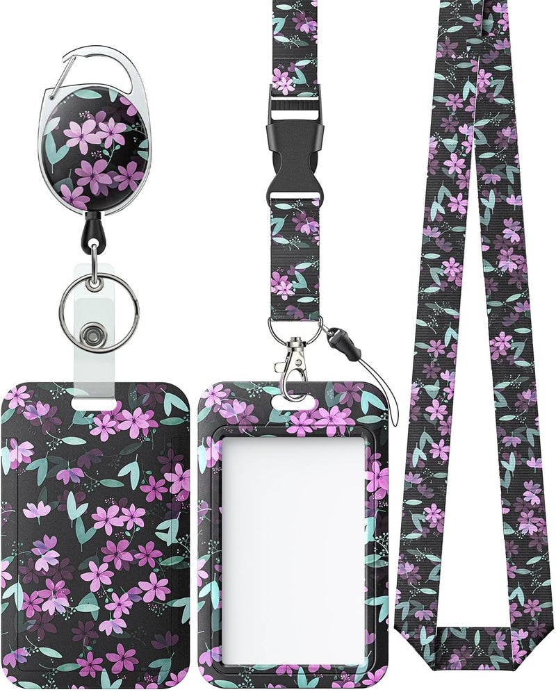 Uniclife Floral Sliding Badge Holder Purple Flower Plastic Case with Retractable Badge Reel Carabiner Clip & Detachable Lanyard Strap Fashionable Vertical Card Protector for Women Teacher Student - Image 1